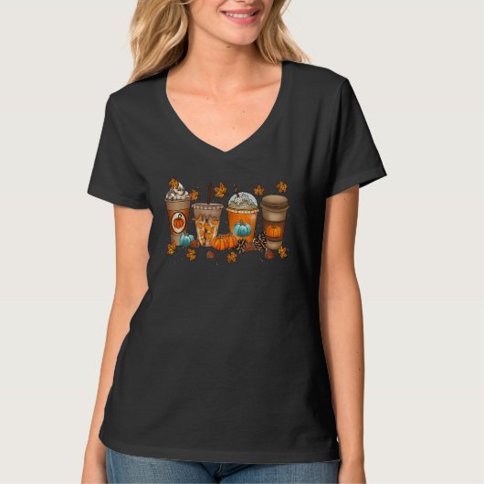 Thanksgiving Cute Latte Coffee Pumpkin Fall Leaf T T-shirt (Voorkant)