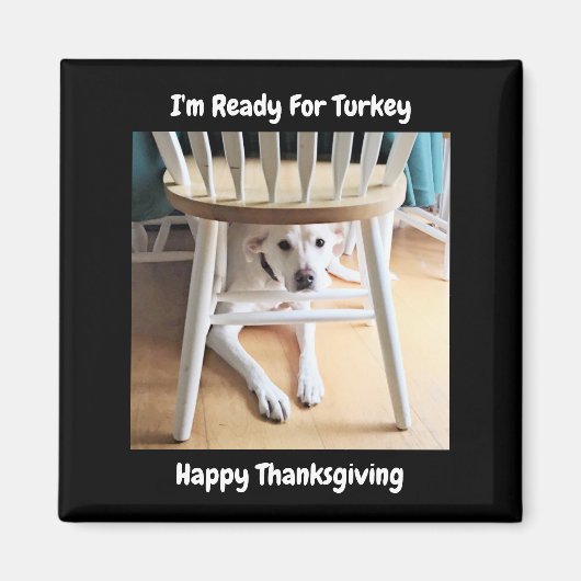 Thanksgiving Dag Cute White Dog onder Tabel Black Magneet (Voorkant)