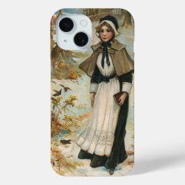 Thanksgiving dag groeten met een pelgrimvrouw iPhone 15 case