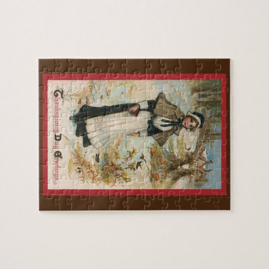 Thanksgiving dag groeten met een pelgrimvrouw legpuzzel (Horizontaal)