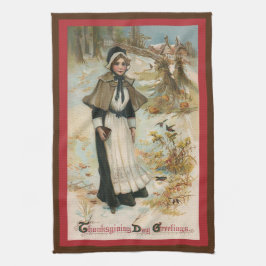 Thanksgiving dag groeten met een pelgrimvrouw theedoek