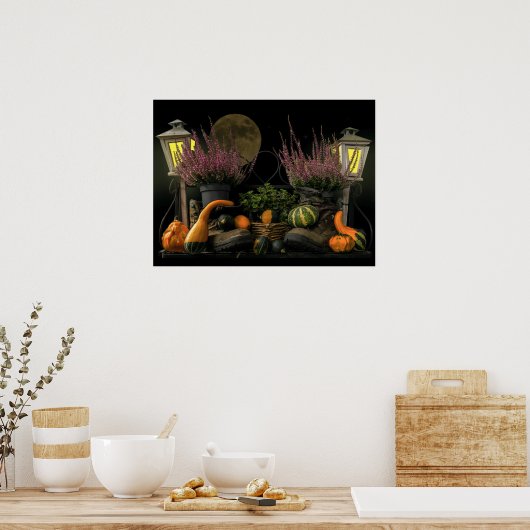 Thanksgiving dag scène met bank en Herfst oogsten Poster (Keuken)