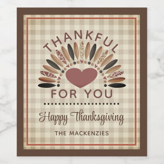 Thanksgiving DANKBAAR VOOR U Rustieke Gingham Wijn Etiket (Enkel label)
