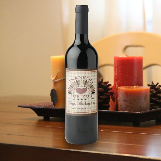 Thanksgiving DANKBAAR VOOR U Rustieke Gingham Wijn Etiket