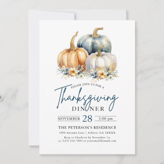 Thanksgiving Diner Blauw Sinaasappel Gouden Pompoe Kaart (Voorkant)