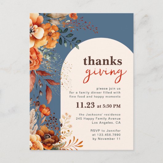 Thanksgiving diner bloem witte boog uitnodiging (Voorkant)