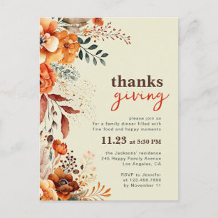Thanksgiving diner bloemige uitnodiging
