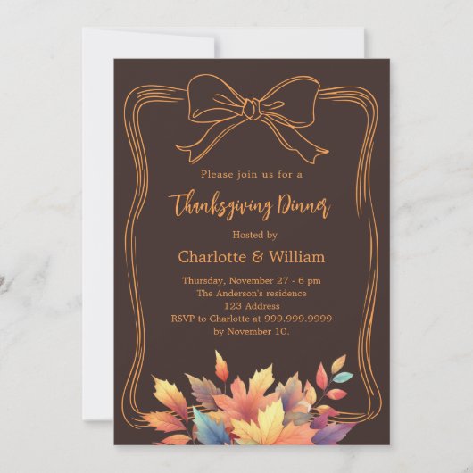 Thanksgiving Diner Bow Bister Brown Fall Bladeren Kaart (Voorkant)