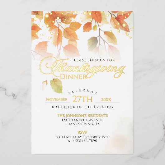Thanksgiving Diner Elegant Fall Leaves Gold Folie Uitnodiging (Voorkant)