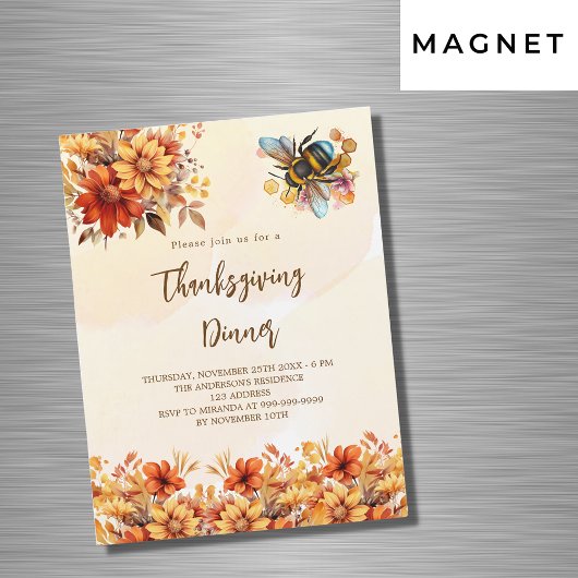 Thanksgiving Diner Feest sinaasappel Bloemen Bijen Magnetische Uitnodiging