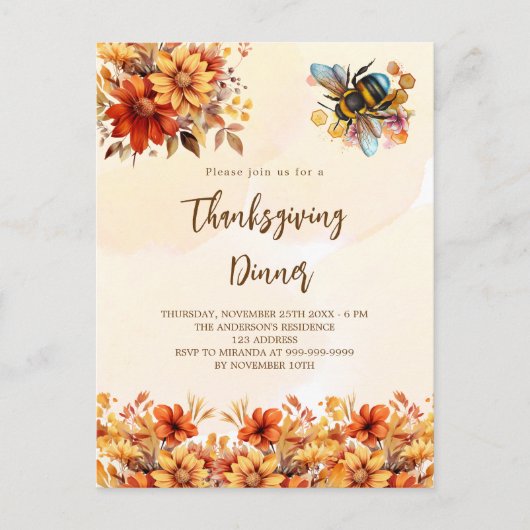 Thanksgiving Diner Feest sinaasappel herfst Bloeme Uitnodiging Briefkaart (Voorkant)