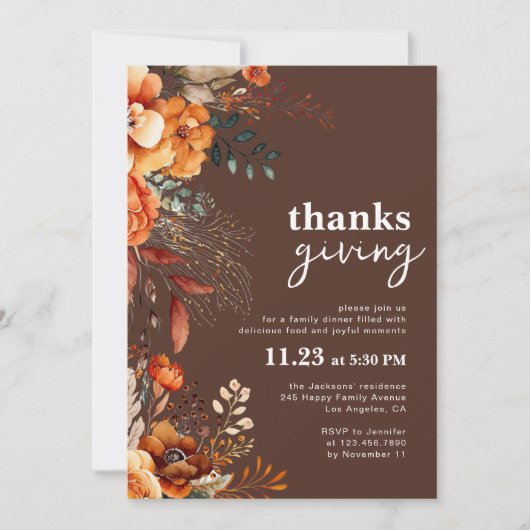 Thanksgiving diner floraal bruin kaart (Voorkant)