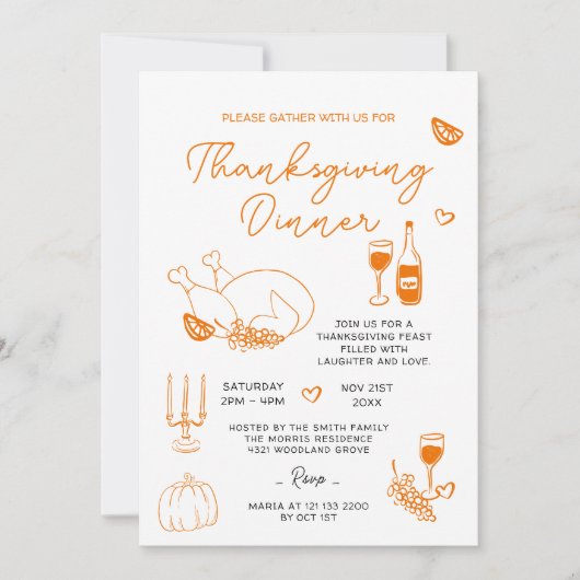 Thanksgiving Diner Hand getrokken Turkije Uitnodig Kaart (Voorkant)
