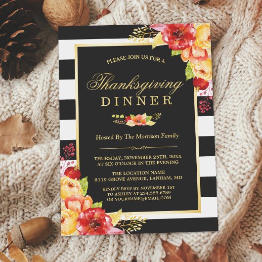 Thanksgiving Diner Herfst Goud Rood Bloemenstrepen Kaart