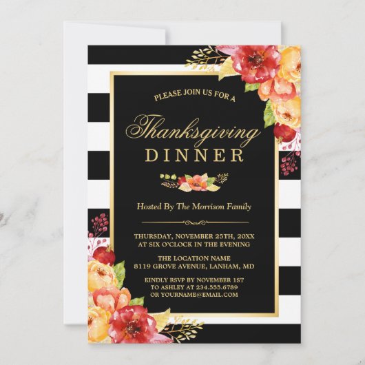 Thanksgiving Diner Herfst Goud Rood Bloemenstrepen Kaart (Voorkant)