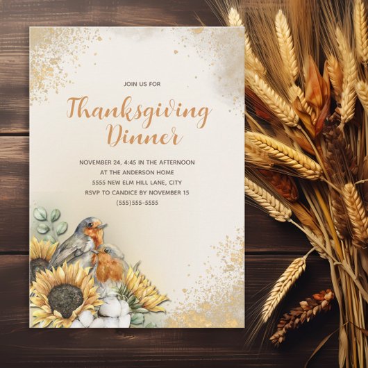 Thanksgiving Diner Herfst Vogels Zonnebloemen Kaart