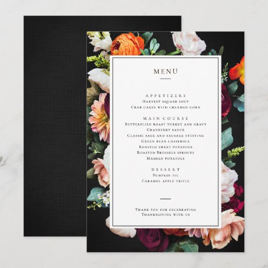Thanksgiving Diner/Lunch/Ontbijt Bloemen Menu (Voorkant / Achterkant)