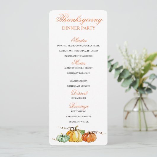 Thanksgiving Diner menu pompoenen kaart (Staand voorkant)
