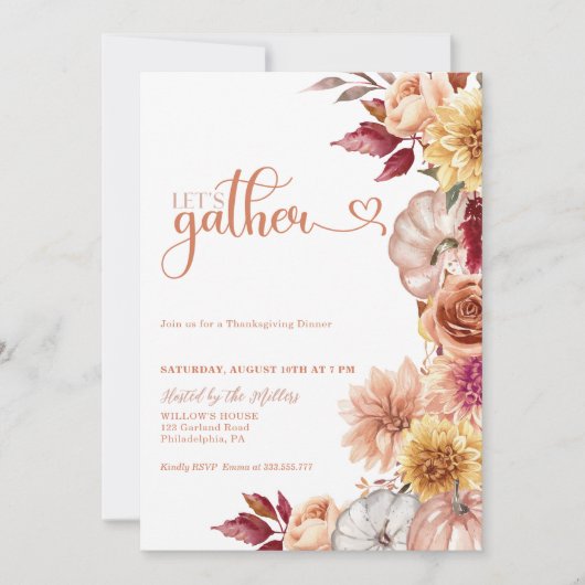 Thanksgiving Diner Nodig Pompoenen en bloemetjes u Kaart (Voorkant)