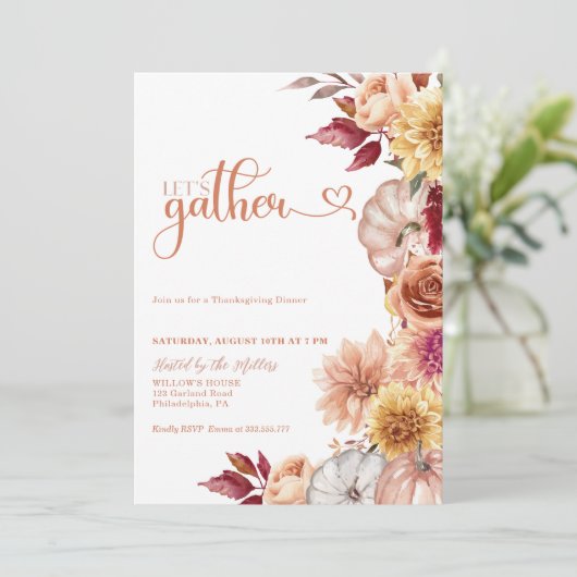 Thanksgiving Diner Nodig Pompoenen en bloemetjes u Kaart (Staand voorkant)
