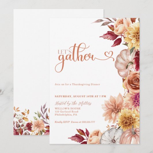 Thanksgiving Diner Nodig Pompoenen en bloemetjes u Kaart (Voorkant / Achterkant)