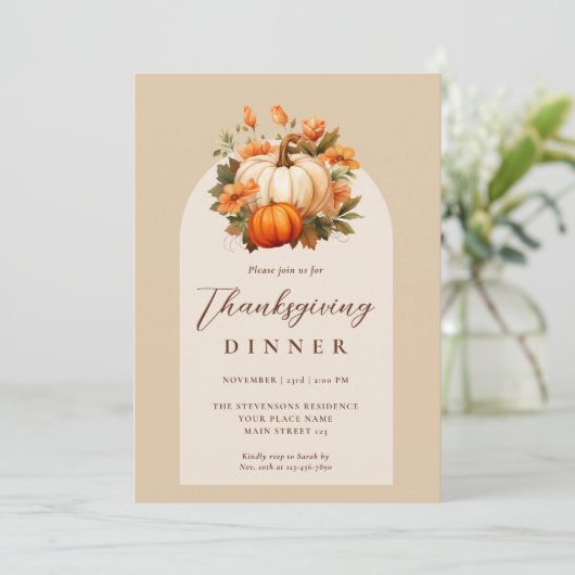 Thanksgiving Diner Pompoen Bloemen Script Arch Kaart (Staand voorkant)