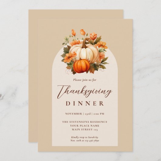 Thanksgiving Diner Pompoen Bloemen Script Arch Kaart (Voorkant / Achterkant)
