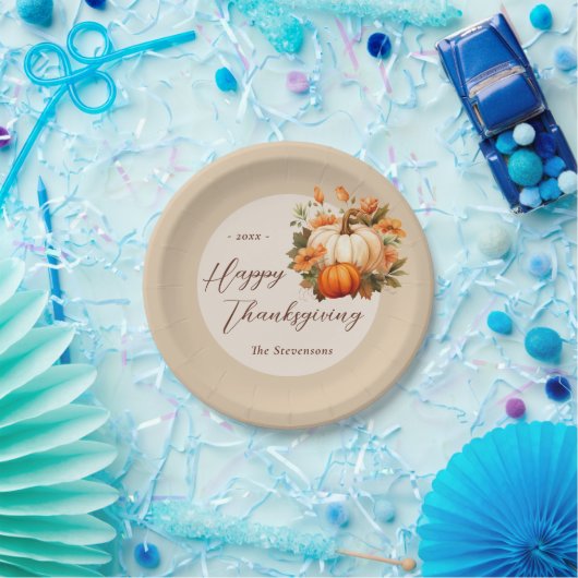 Thanksgiving Diner Pompoen Bloemen Script Beige Papieren Bordje (Feest)