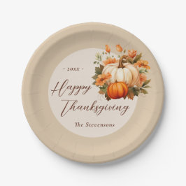 Thanksgiving Diner Pompoen Bloemen Script Beige Papieren Bordje