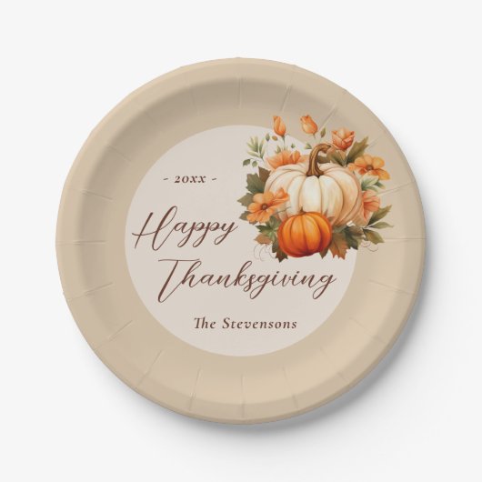 Thanksgiving Diner Pompoen Bloemen Script Beige Papieren Bordje (Voorkant)