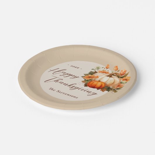 Thanksgiving Diner Pompoen Bloemen Script Beige Papieren Bordje (Gekanteld)