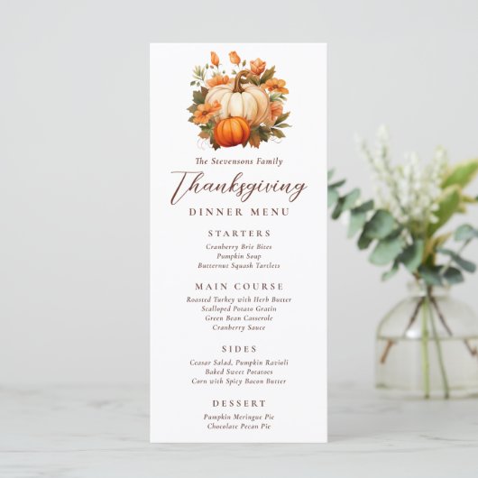 Thanksgiving Diner Pompoen Bloemen Script Rustiek Menu (Staand voorkant)