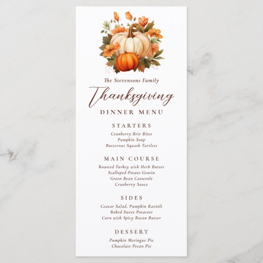 Thanksgiving Diner Pompoen Bloemen Script Rustiek Menu (Voorkant)