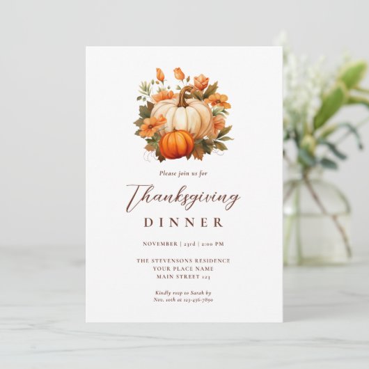 Thanksgiving Diner Pompoen Bloemen Script Wit Kaart (Staand voorkant)