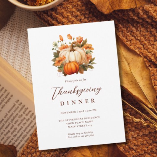 Thanksgiving Diner Pompoen Bloemen Script Wit Kaart