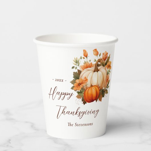 Thanksgiving Diner Pompoen Bloemen Script Wit Papieren Bekers (Achterkant)