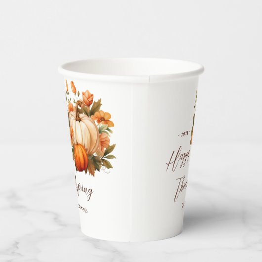 Thanksgiving Diner Pompoen Bloemen Script Wit Papieren Bekers (Rechts)