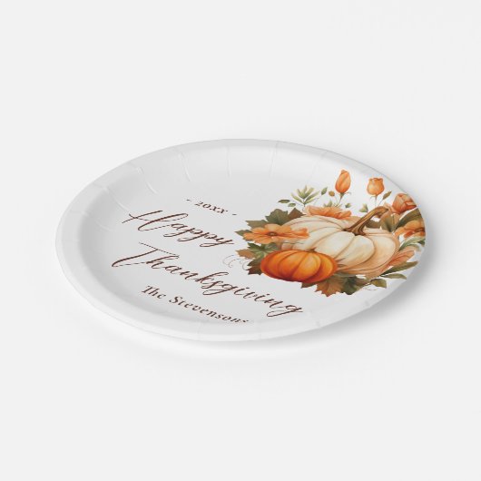 Thanksgiving Diner Pompoen Bloemen Script Wit Papieren Bordje (Gekanteld)