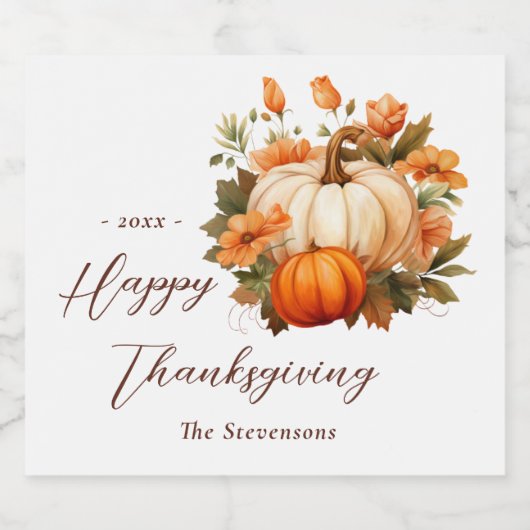Thanksgiving Diner Pompoen Bloemen Script Wit Sparkling Wijnetiket (Enkel label)