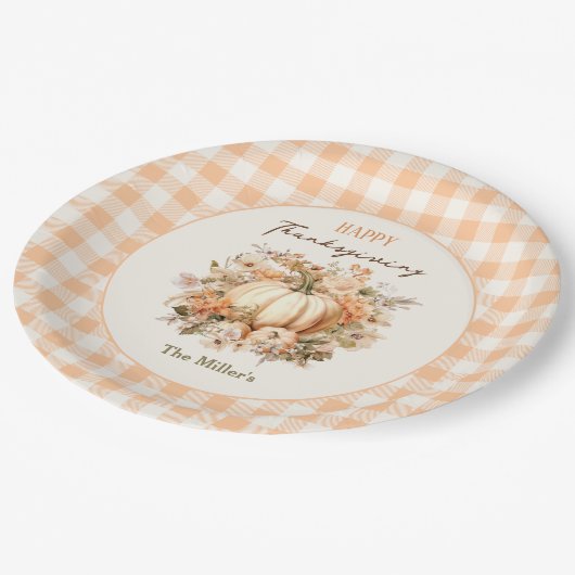 Thanksgiving Diner Pompoen Gingham Pastel Papieren Bordje (Gekanteld)