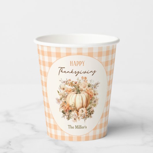 Thanksgiving Diner Pompoen Gingham Pastel Sinaasap Papieren Bekers (Achterkant)