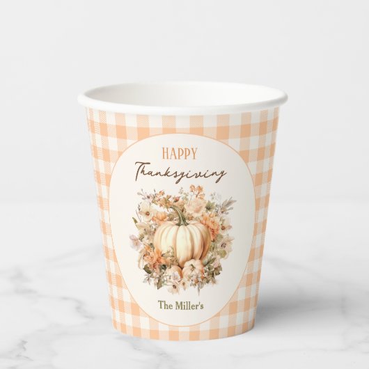 Thanksgiving Diner Pompoen Gingham Pastel Sinaasap Papieren Bekers (Voorkant)