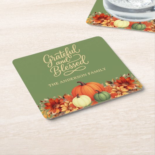 Thanksgiving diner pompoen groen Dankbaar gezegend Kartonnen Onderzetters (Schuin)