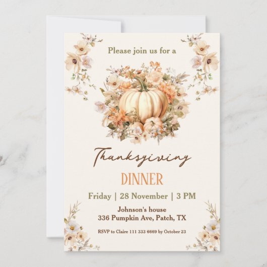 Thanksgiving Diner Pompoen Pastel Sinaasappel Bloe Kaart (Voorkant)