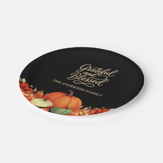Thanksgiving diner pompoen zwart Grateful gezegend Papieren Bordje (Gekanteld)