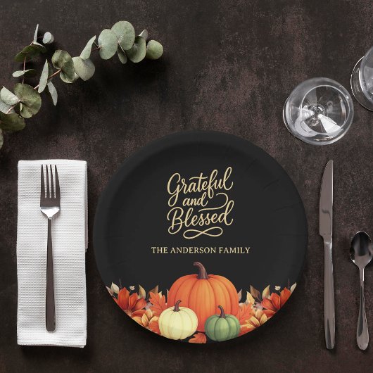 Thanksgiving diner pompoen zwart Grateful gezegend Papieren Bordje
