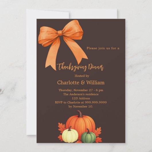 Thanksgiving Diner Pompoenen Bow Bister Brown Kaart (Voorkant)