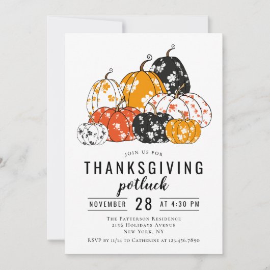 Thanksgiving Diner Potluck Moderne Bloemenpompoene Kaart (Voorkant)