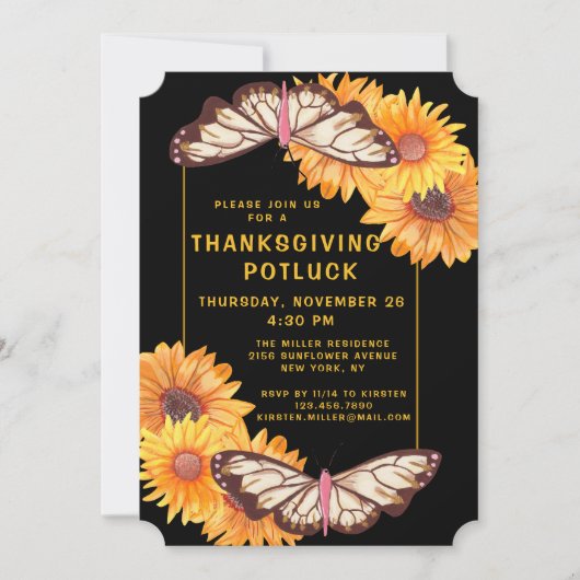 Thanksgiving Diner Potluck Zonnebloemen Vlinders Kaart (Voorkant)