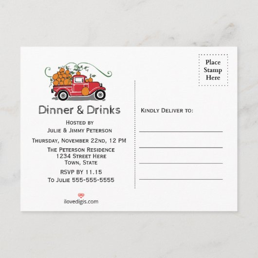 Thanksgiving Diner  Truck Pompoenen Uitnodiging Briefkaart (Achterkant)